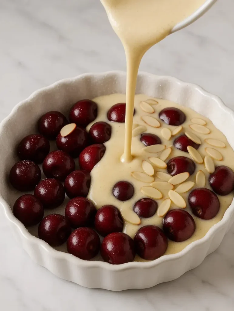 Pâte à clafoutis sans gluten versée sur des cerises fraîches dans un moule rond avant la cuisson.