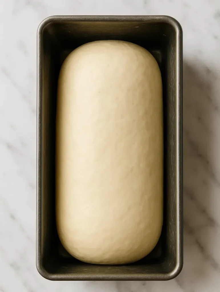 Pâte à pain de mie complet levée dans un moule avant la cuisson, texture lisse et prête à enfourner.