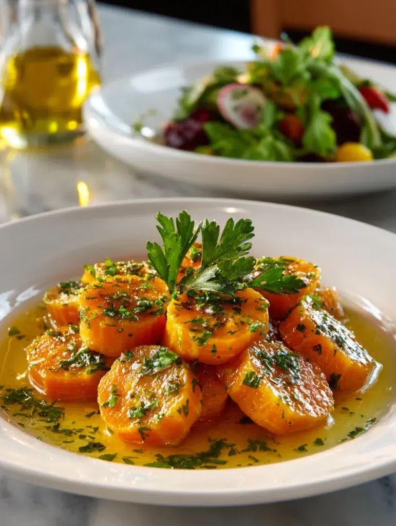 Carottes Vichy servies dans une assiette creuse avec leur jus brillant, décorées de persil frais.