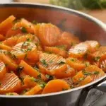 Carottes Vichy brillantes et fondantes dans une poêle, nappées de beurre et parsemées de persil frais.