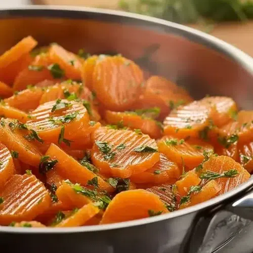 Carottes Vichy brillantes et fondantes dans une poêle, nappées de beurre et parsemées de persil frais.