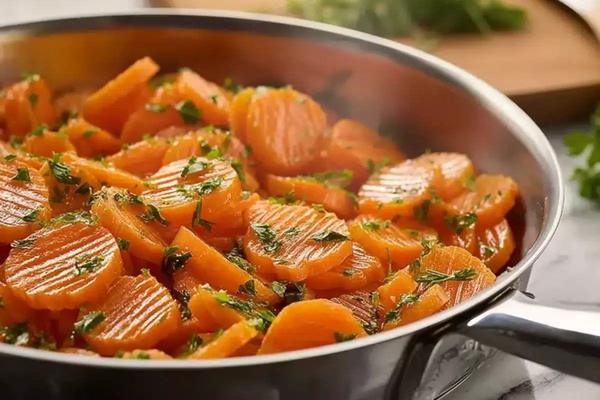 Carottes Vichy brillantes et fondantes dans une poêle, nappées de beurre et parsemées de persil frais.