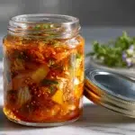 Bocal en verre rempli de recette kimchi maison au chou chinois fermenté, rouge et épicé, prêt à être dégusté après plusieurs jours de fermentation.