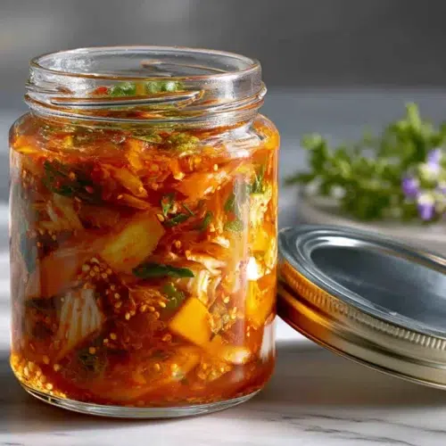 Bocal en verre rempli de recette kimchi maison au chou chinois fermenté, rouge et épicé, prêt à être dégusté après plusieurs jours de fermentation.