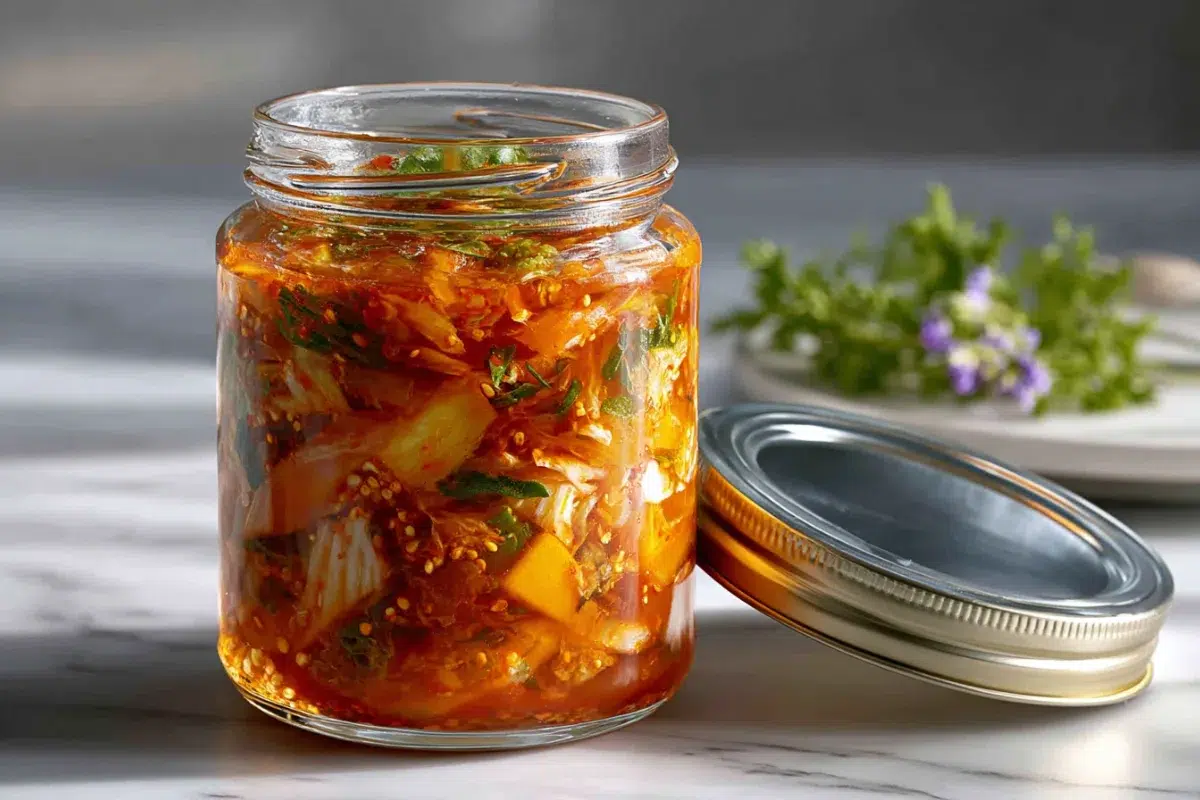 Bocal en verre rempli de recette kimchi maison au chou chinois fermenté, rouge et épicé, prêt à être dégusté après plusieurs jours de fermentation.