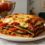 Lasagnes végétariennes maison dorées au four, superposées de légumes fondants, sauce tomate et fromage gratiné, prêtes à déguster.