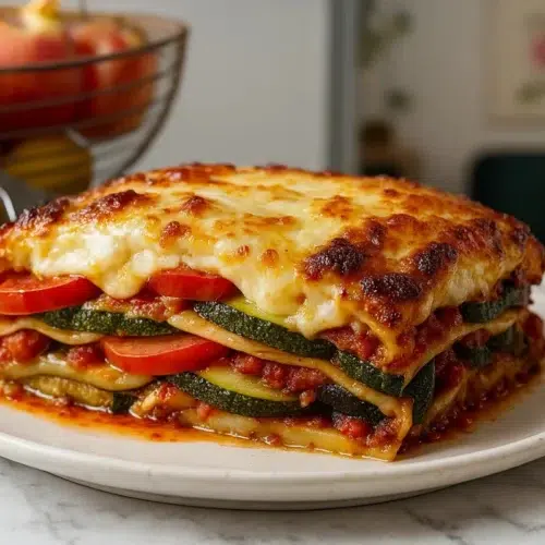 Lasagnes végétariennes maison dorées au four, superposées de légumes fondants, sauce tomate et fromage gratiné, prêtes à déguster.