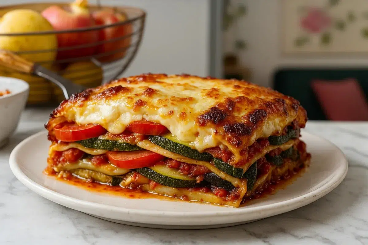 Lasagnes végétariennes maison dorées au four, superposées de légumes fondants, sauce tomate et fromage gratiné, prêtes à déguster.