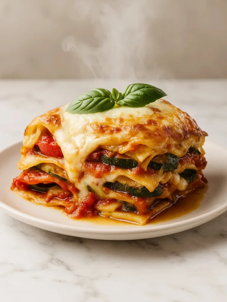 Assiette de lasagnes végétariennes servie avec salade verte et focaccia, repas équilibré et complet.
