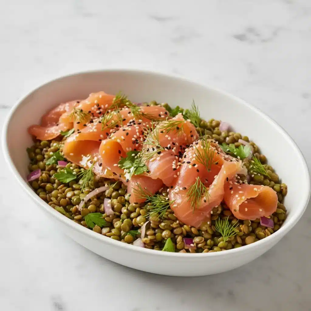 Salade de lentilles au saumon fumé, aneth et graines de sésame, servie fraîche pour un repas raffiné.