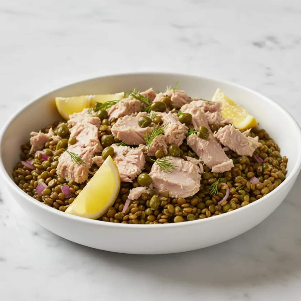 Salade de lentilles au thon, câpres et citron, version protéinée et fraîche de la recette classique.