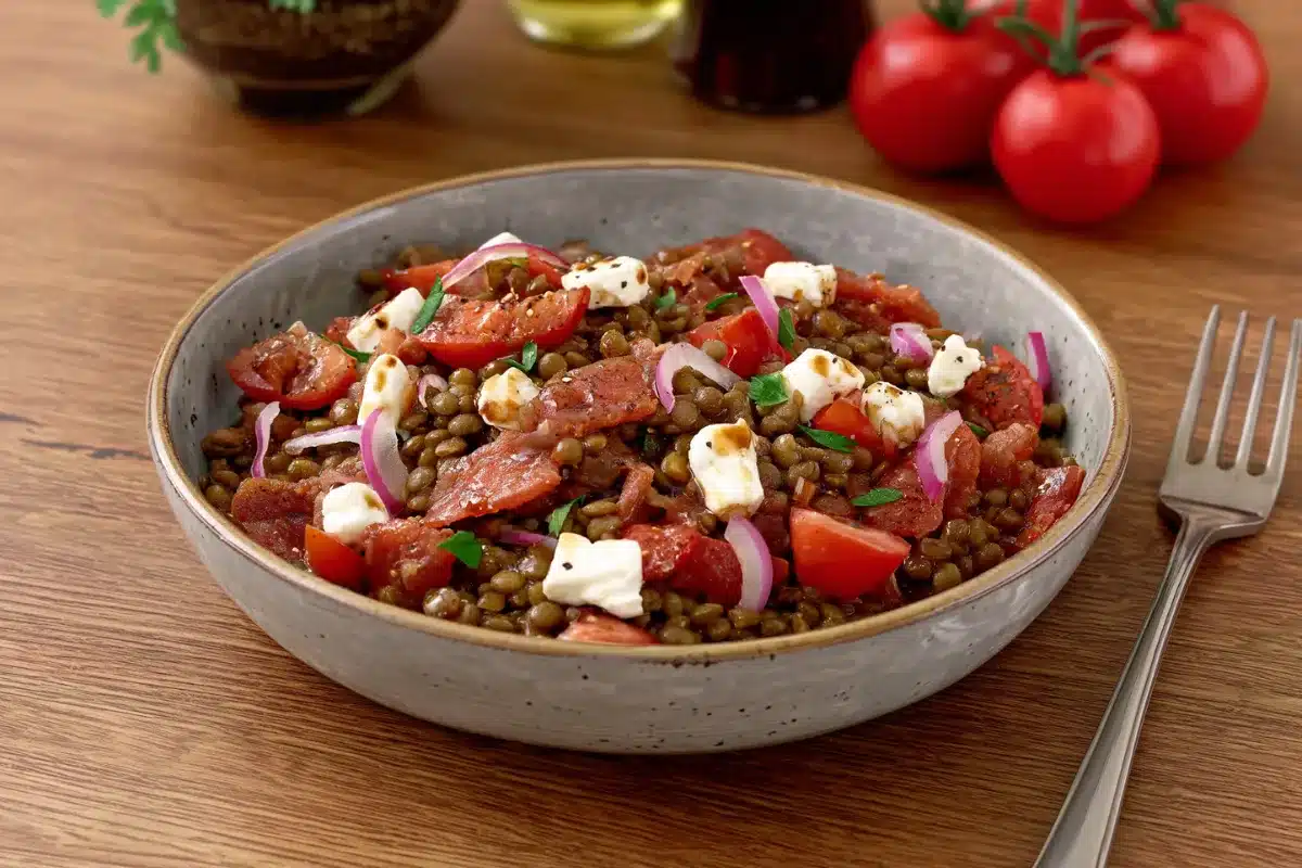 Salade de lentilles aux tomates, feta et oignons rouges servie dans un bol, recette équilibrée et riche en protéines végétales.
