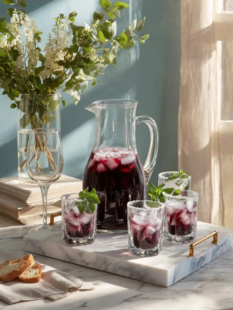 Carafe et verres de jus de bissap servis sur un plateau en marbre, décorés de feuilles de menthe et accompagnés de petits toasts.