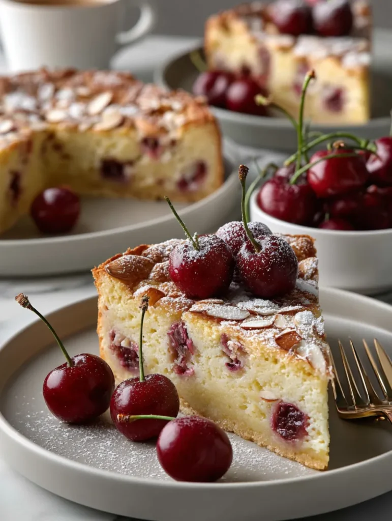 Tranche de clafoutis sans gluten aux cerises servie avec des fruits frais et saupoudrée de sucre glace.