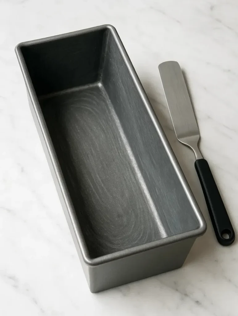 Moule à cake graissé et spatule prêts à être utilisés pour la cuisson du pain de mie complet maison.