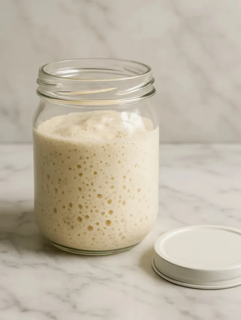 Levain actif dans un bocal en verre, prêt à être utilisé pour une version au levain du pain de mie complet.