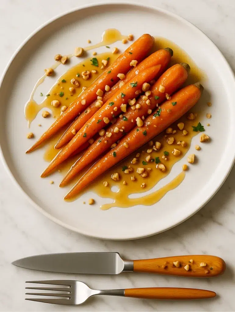 Carottes glacées dressées avec sauce au miel et éclats de noisettes sur une assiette blanche.