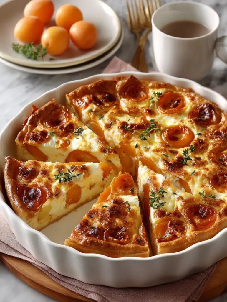 Clafoutis sans gluten aux abricots tranché dans un plat en céramique, prêt à être servi.