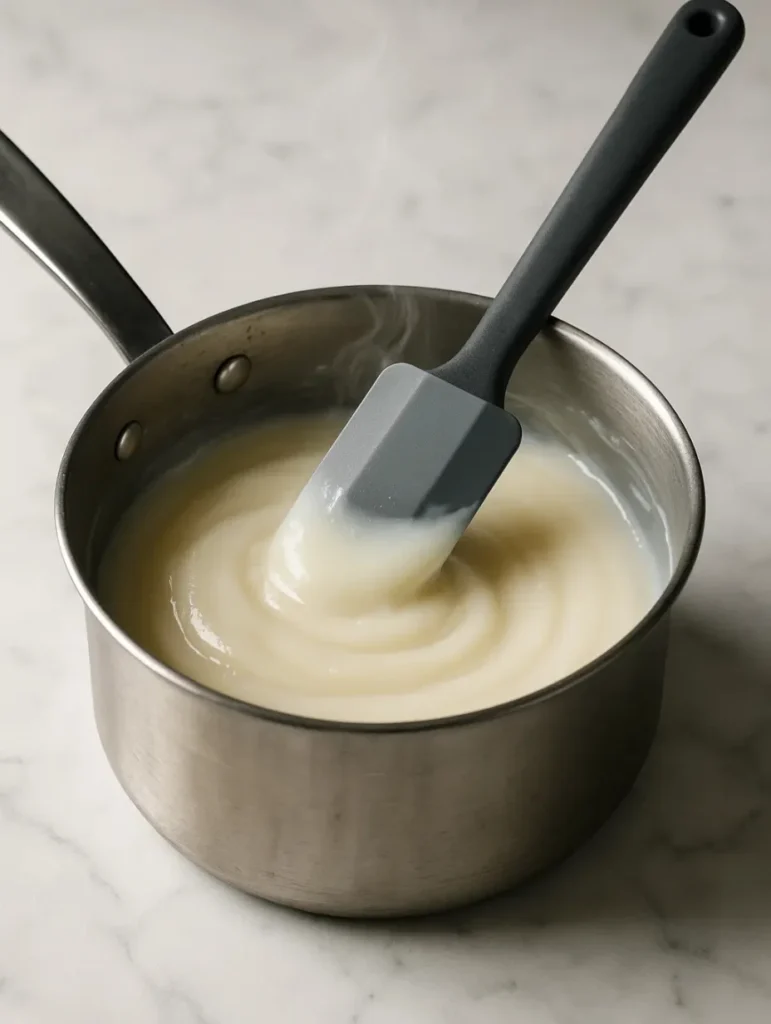 Préparation du tangzhong dans une casserole, mélange crémeux servant à rendre le pain de mie complet plus moelleux.