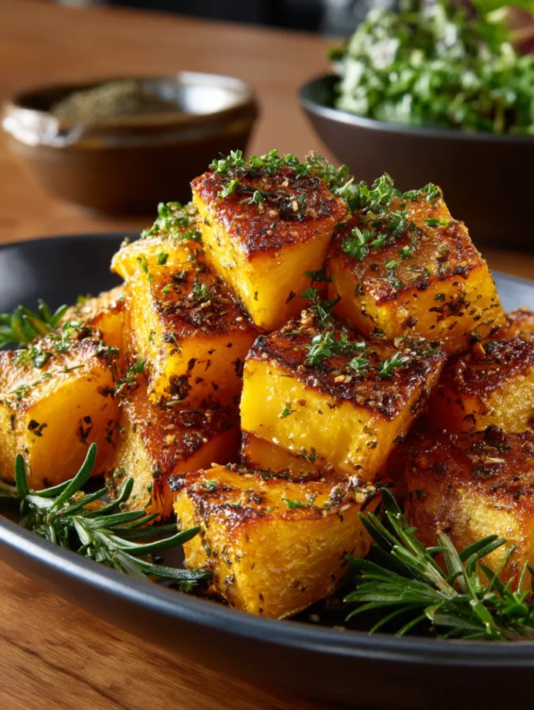Butternut rôtie au four assaisonnée d’ail, de paprika et d’herbes fraîches, servie sur une assiette noire avec romarin.