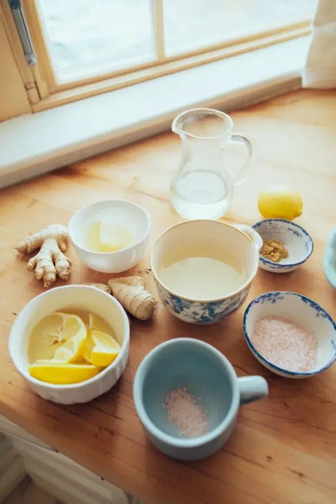 Ingrédients de la boisson au sel rose pour maigrir présentés en petites coupelles