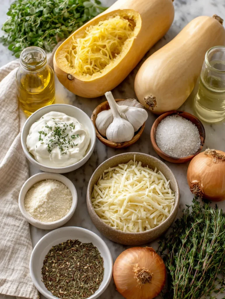 Ingrédients disposés pour la recette courge spaghetti au four crémeuse