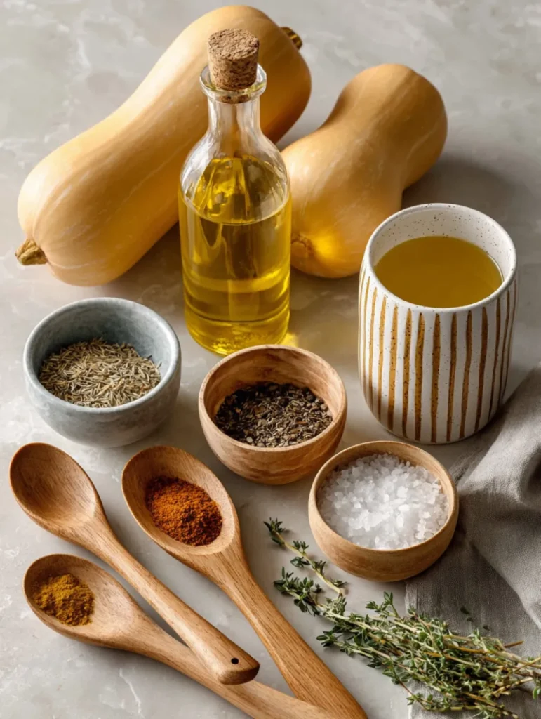 Courges butternut entières, huile d’olive, herbes séchées, sel, poivre et paprika disposés sur un plan de travail pour la préparation.