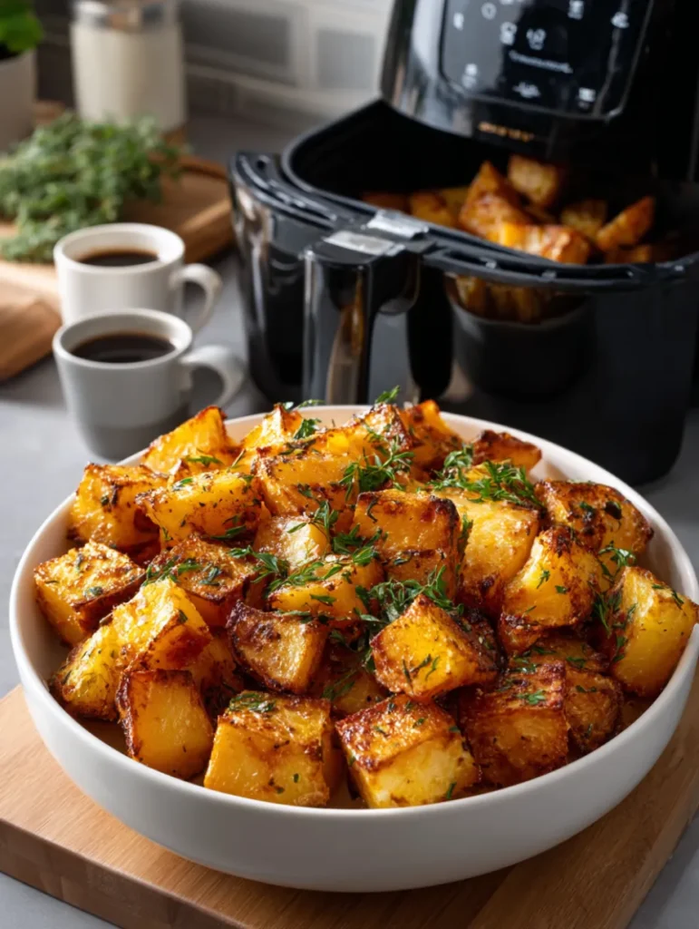 Bol de cubes de butternut croustillants cuits à l’air fryer avec des herbes fraîches et un appareil visible à l’arrière-plan.