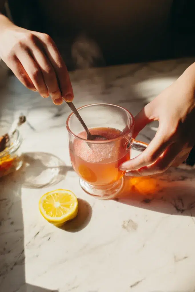 Main qui mélange la boisson au sel rose pour maigrir