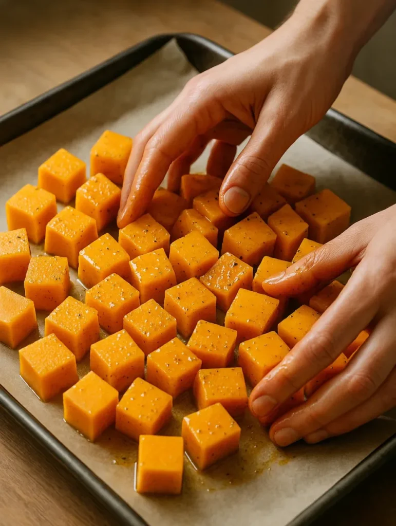 Mains disposant des cubes de butternut assaisonnés sur une plaque de cuisson avant d’enfourner.