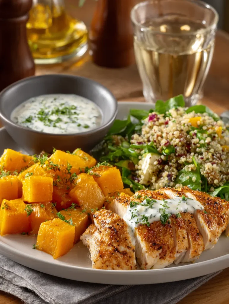 Assiette composée de butternut rôtie, blanc de poulet grillé, sauce au yaourt et salade de quinoa.