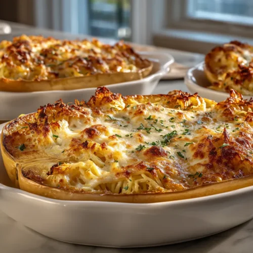 Assiette de courge spaghetti crémeuse gratinée, recette courge spaghetti au four