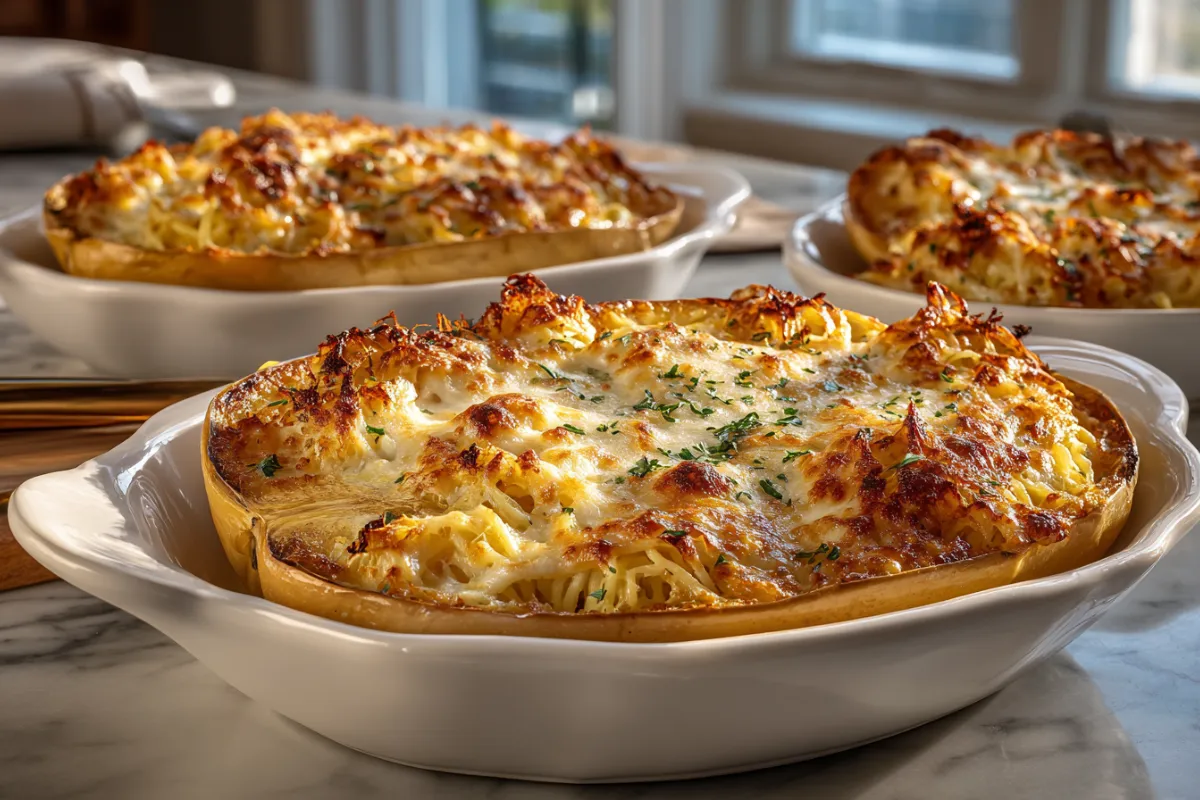 Assiette de courge spaghetti crémeuse gratinée, recette courge spaghetti au four