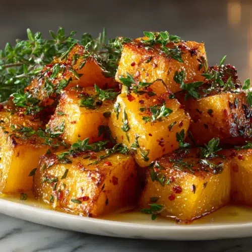 Cubes recette de butternut au four, dorés à l’huile d’olive et aux herbes fraîches, servis en accompagnement sain pour le dîner.