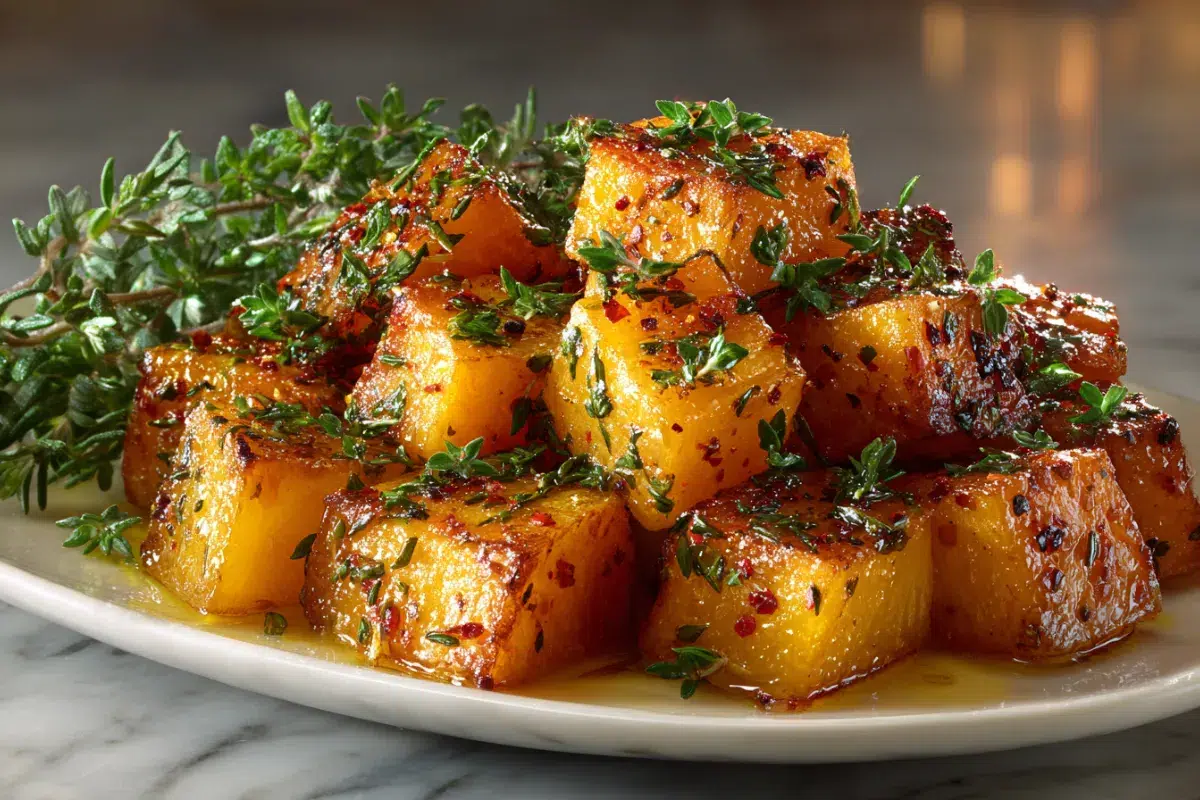 Cubes recette de butternut au four, dorés à l’huile d’olive et aux herbes fraîches, servis en accompagnement sain pour le dîner.