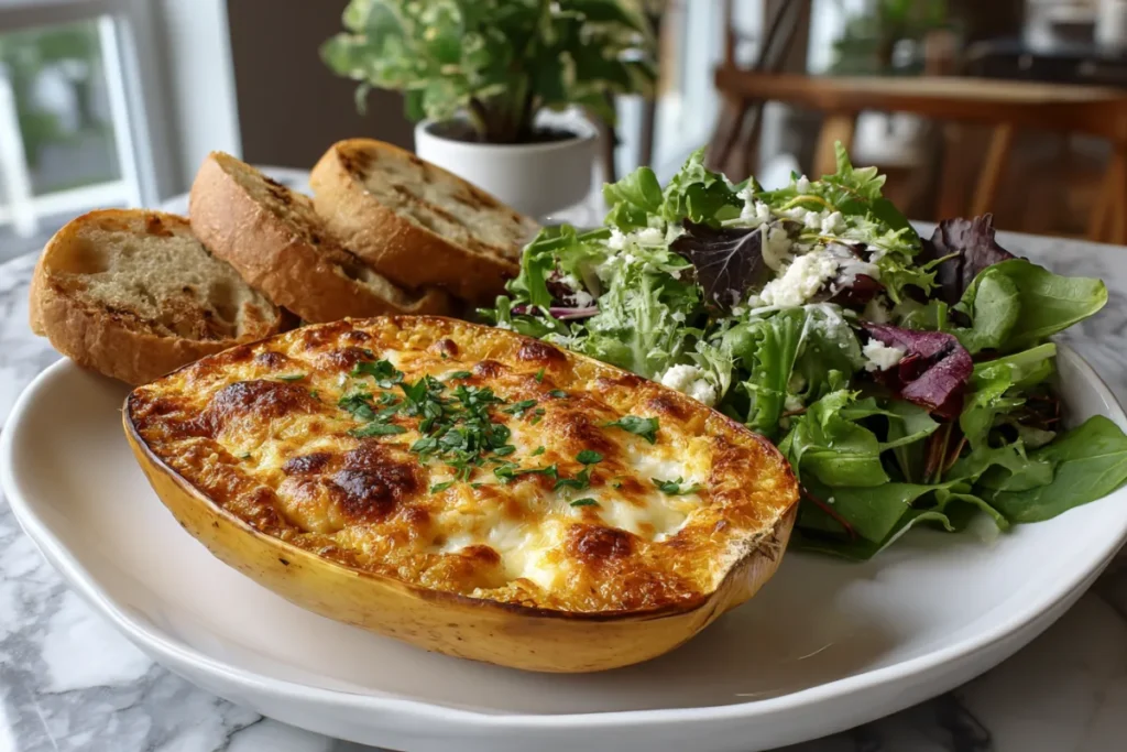 Service à table de la recette courge spaghetti au four avec salade