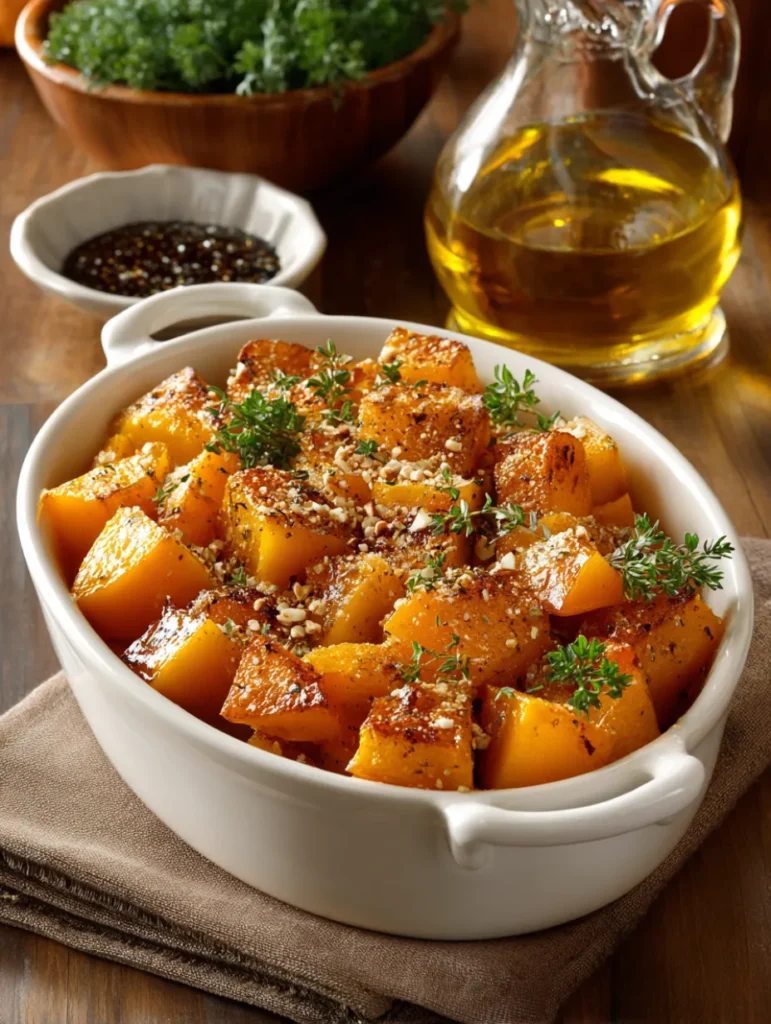Butternut rôtie sucrée avec sirop d’érable, cannelle et noix concassées servie dans un plat rustique.