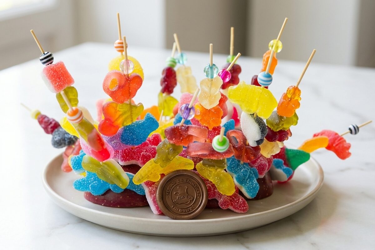 Brochettes de bonbons multicolores avec un sceau en chocolat protecteur brillants et parfaitement arrangés sur un présentoir.