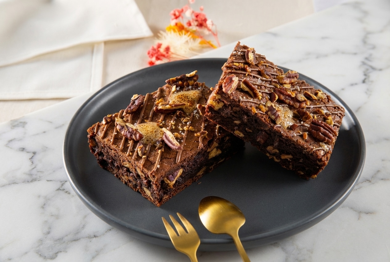 Brownie recette au beurre noisette, surface craquelée et pépites de chocolat fondues sur marbre blanc.