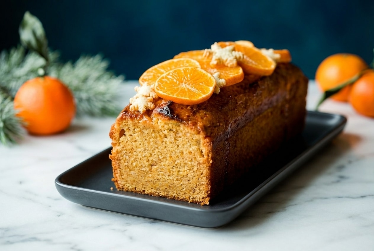 Cake à la clémentine doré au beurre noisette infusé, sur un plan de travail en marbre blanc épuré.