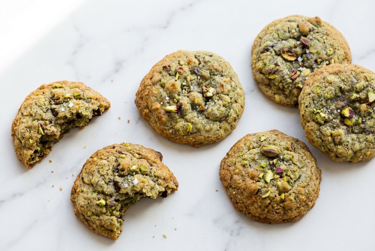 Cookies pistache à la texture chewy sur marbre blanc, parsemés de éclats de pistaches émondées et pointe de sel noir.