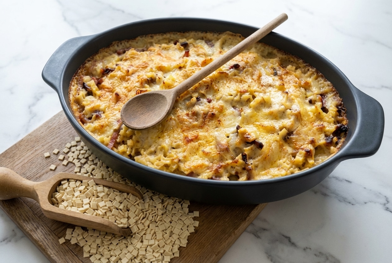 Croziflette végétarienne gratinée sur marbre blanc, champignons umami au paprika fumé sous une couche de reblochon fondu.