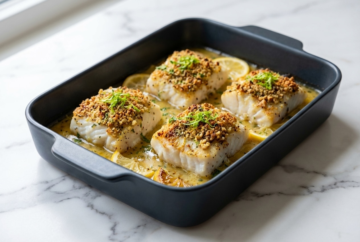 Dos de cabillaud au four surmonté d'une croûte de noisettes dorée et de zestes de combava frais.