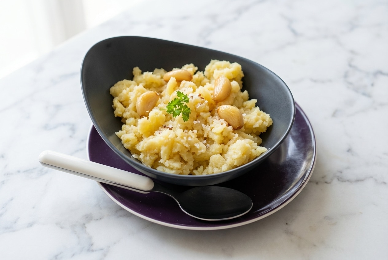 Écrasé de pomme de terre onctueux aux gousses d'ail confites et sel fumé dans un bol en céramique épuré sur marbre blanc.