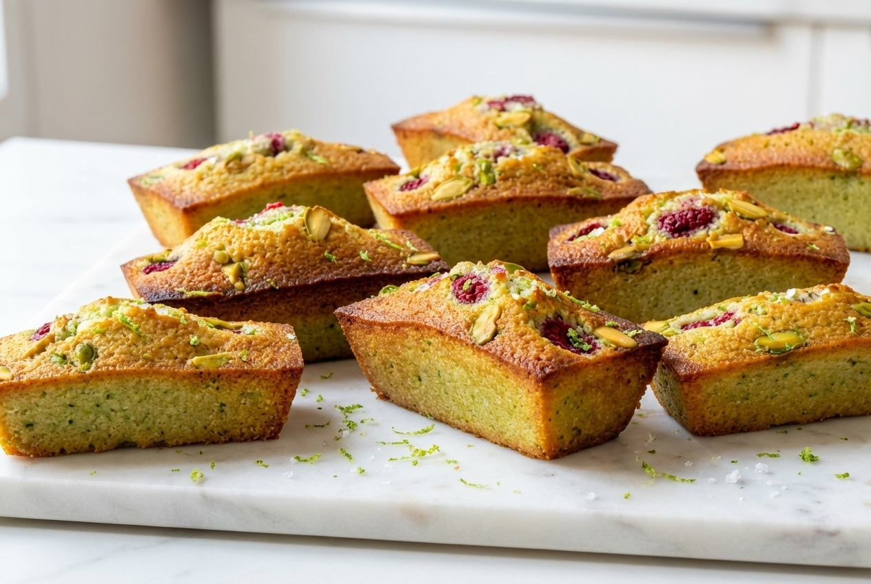 Financier Pistache Framboise doré sur marbre blanc, zestes de citron vert infusés et éclats de fleur de sel.