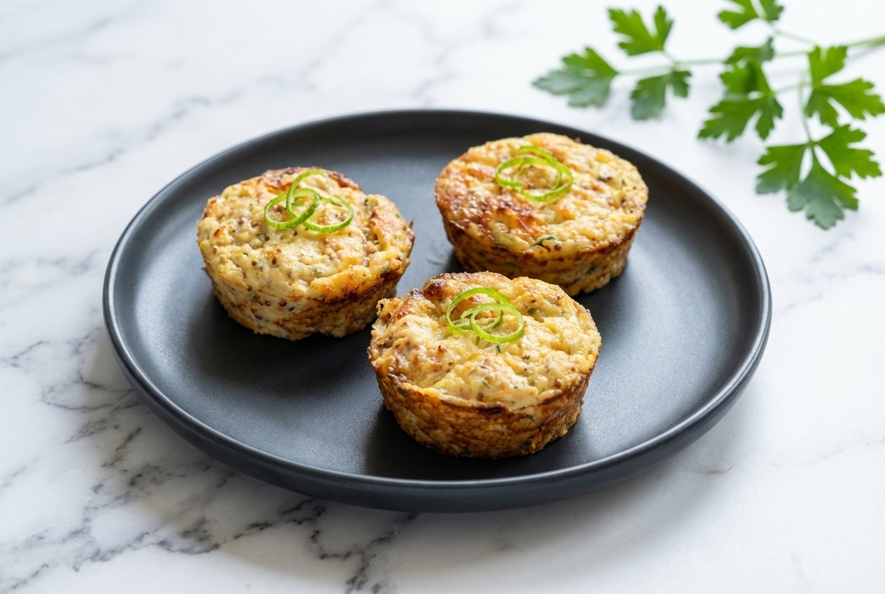 Flan au thon express doré à la moutarde à l'ancienne et zestes de citron vert servis en parts individuelles.