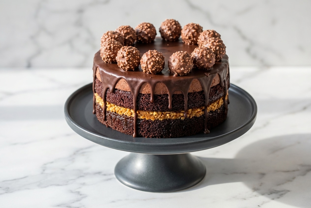 Gâteau d'anniversaire à étages sur marbre blanc, décoré de ganache montée, révélant un croustillant praliné et sirop de fève tonka.