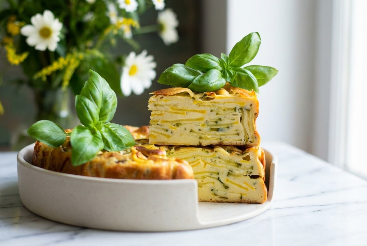 Gâteau invisible aux courgettes en vue plongeante, tranches fondantes aux zestes de citron sur marbre blanc contemporain.