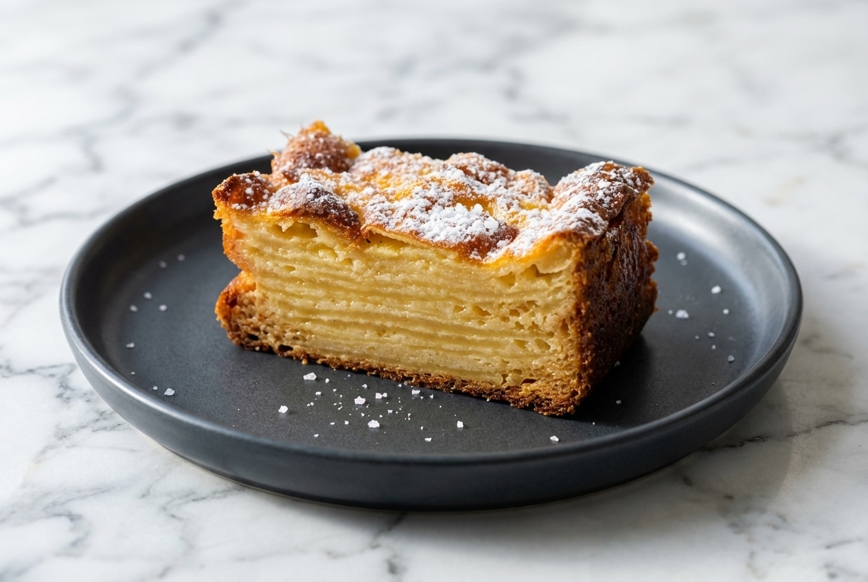 Gâteau invisible aux pommes fondant au beurre noisette et fleur de sel sur un plan de travail en marbre blanc.