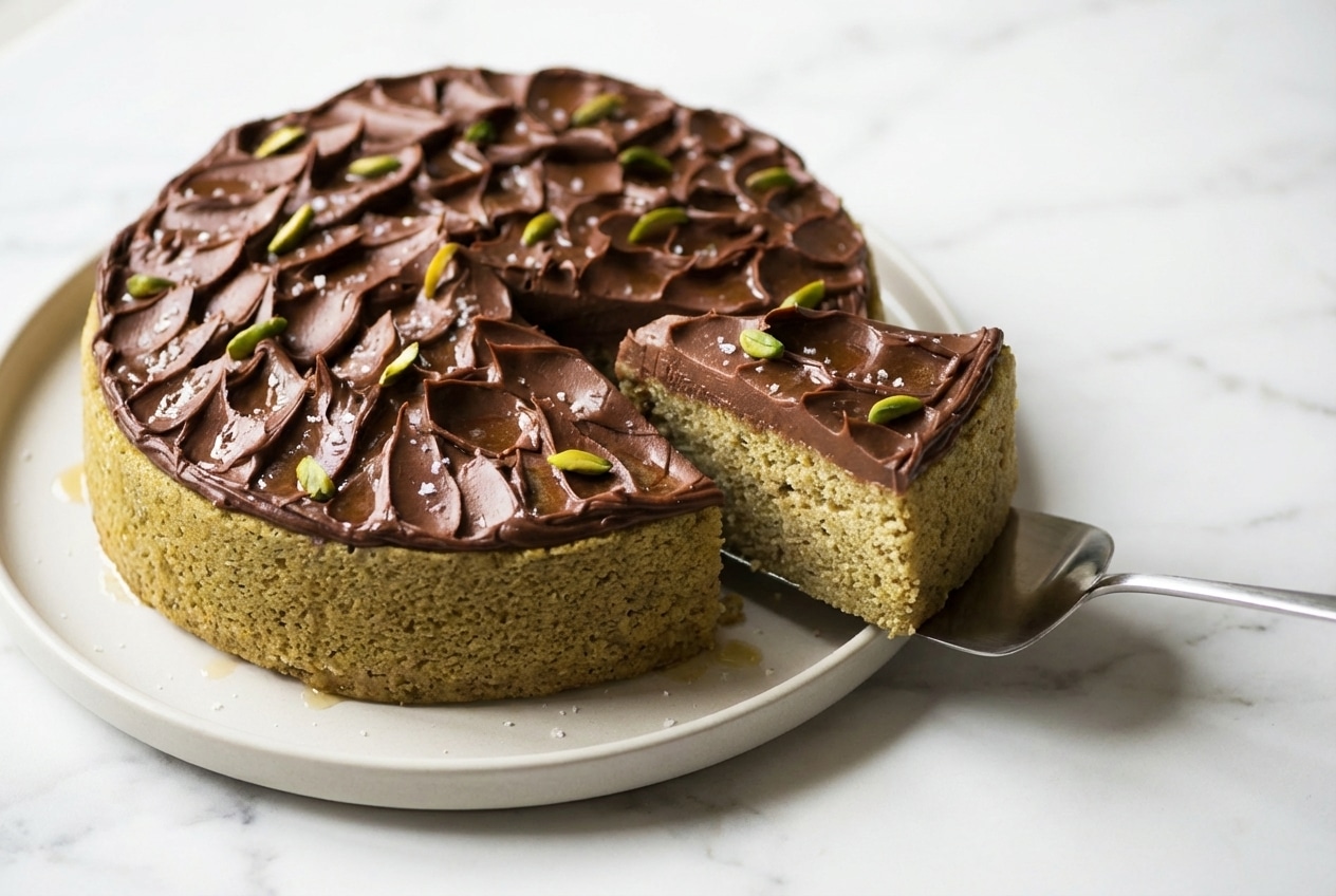 Gâteau au pistache moelleux avec une ganache fondante et les notes dorées du beurre noisette.